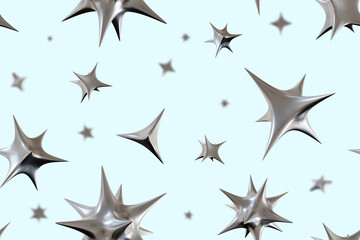 Obraz premium Seamless pattern with shiny metallic star-like shapes on light blue background. Perfect for futuristic designs, modern wallpapers, digital art, backgrounds, and creative projects. 3D render.