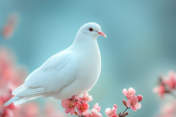 Obraz premium White Dove Perched Amongst Delicate Pink Blossoms