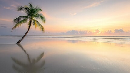 Fototapeta premium Tropical beach sunrise, palm tree reflection, calm ocean. Vacation postcard.