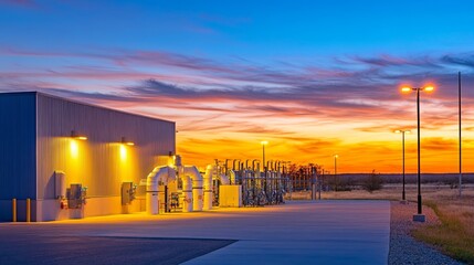 Industrial facility at sunset with pipelines and lighting.