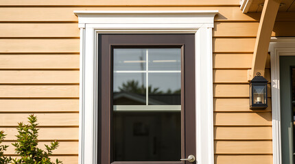 Fototapeta premium Exterior view of a brown door with a white frame and six-pane window, set into light brown clapboard siding. A small exterior lantern is visible to the right.