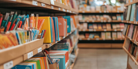 A vibrant bookstore with shelves filled with colorful notebooks and stationery providing a cozy and inviting atmosphere for visitors and book enthusiasts alike.