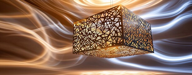 Fototapeta premium Laser-Cut Metal Panels Showcasing Complex Geometric Designs, a light painting shot of a suspended metal panel with laser-cut patterns, illuminated by swirling light trails creating.