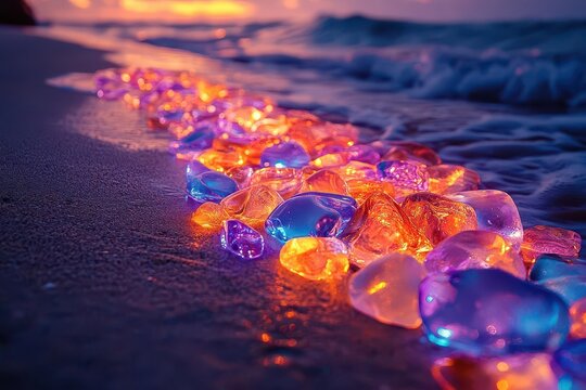 colorful glowing glass pebbles scattered along a dark beach illuminated by an ethereal light creating a magical and serene atmosphere as the waves softly lap at the shore