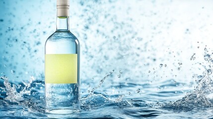 Refreshing bottle of water splashing in vibrant blue waves