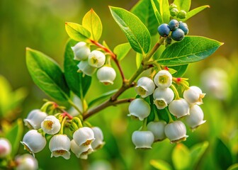 Northern Highbush Blueberry Blossoms Close-Up: Delicate White Flowers and Green Leaves
