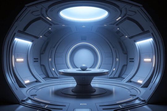 high tech futuristic spacecraft interior circular domed ceiling