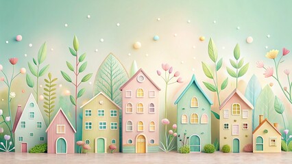 Obraz premium Pastel Cute Hand-Drawn Houses & Plants - Cozy Cottagecore Illustration