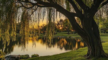 Weeping willow sunset pond reflection peaceful landscape nature scene.