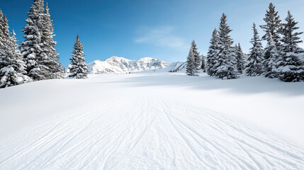 Fototapeta premium serene snowy winter landscape with tall evergreen trees and mountains