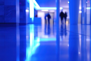 Fototapeta premium Exploring Blue-Lit Hallways: Architectural Design with Reflective Floors and Subtle Lighting, Modern Interior Spaces with Clean Lines