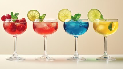 Four vibrant drinks blue lagoon with raspberries and lemon, margarita with lime, strawberry daiquiri with fresh strawberries, and iced tea with mint, served in elegant glasses with colorful garnishes.