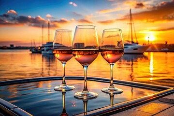 Obraz premium Romantic Sunset Yacht Wine: Three Rose Wine Glasses on Deck, Cityscape Blur