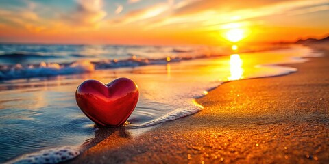 Fototapeta premium Romantic Heart Shaped Seashell on Sandy Beach, Long Exposure Photography