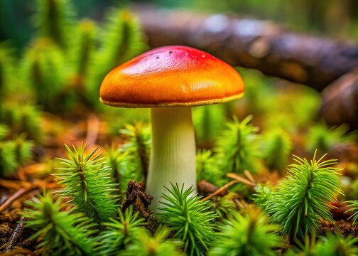 Russula vinosa Mushroom in Mossy Spruce Forest - Aerial View