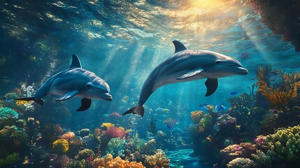Obraz premium Oceanic Dolphins Gracefully Swimming Amidst Vibrant Coral Reef