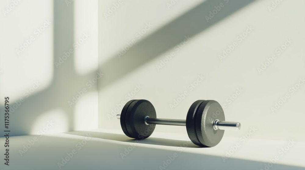 Poster single dumbbell rests on the floor of a minimalist, sunlit room, casting intriguing shadows that enh