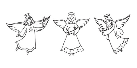 Angels hand drawn linear illustration on isolated white color background in vector format