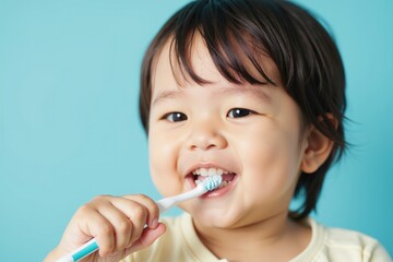 Teach Your Toddler Good Oral Hygiene with This Adorable Blue-Backdrop Brushing Moment Image