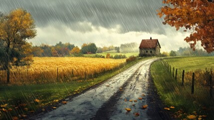 Fototapeta premium Autumnal Farmhouse Under a Rainy Sky