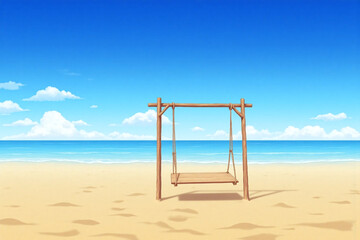 serene beach scene with sandy beach rustic swing set blue sky