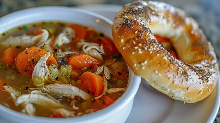 A white bowl of chicken and vegetable soup on a plate, next to a bagel
