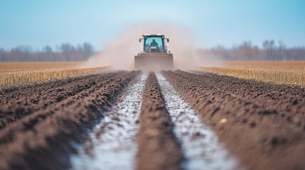 Fototapeta premium Tractor plowing a field under a clear blue sky