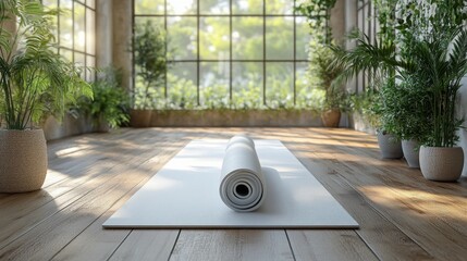 Rolled Yoga Mat on Wooden Floor Transparent Background.