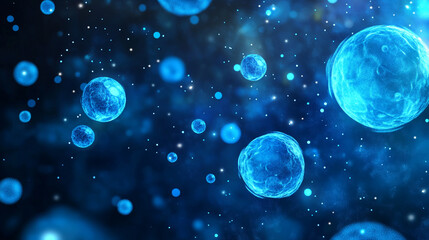 Naklejka premium The image shows a microscopic view of blue cells floating in a dark, starry background, resembling a space scene.