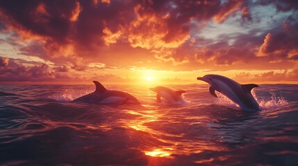 Fototapeta premium Three Dolphins Leap at Sunset: A Breathtaking Ocean Scene