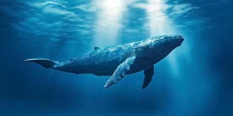 Fototapeta premium Majestic Whale Swimming Gracefully Beneath Crystal Clear Ocean Waters Surrounded by Lush Underwater Flora Creating a Serene Aquatic Scene
