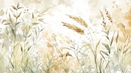 Serene Watercolor Meadow: A Tranquil Landscape of  Wildflowers and Grasses in Soft Hues