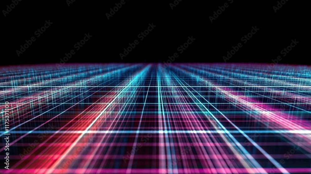 Poster Dynamic Grid of Glowing Lines Creating an Illusion of Depth on a Dark Canvas at Twilight