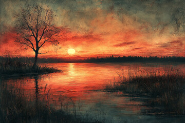 Obraz premium Fiery Sunset Over Calm Lake With Solitary Tree