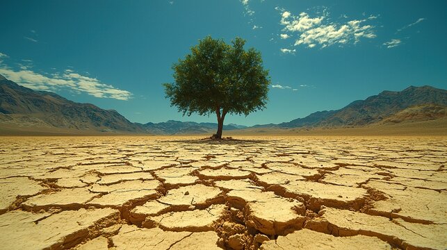 Lone tree surviving in cracked desert soil, mountains backdrop.