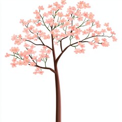 Fototapeta premium A peach blossom tree clipart, floral element, hand-painted illustration, pink and green, isolated on white background