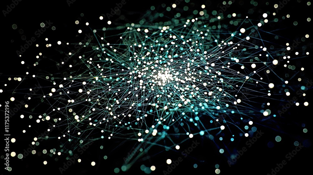 Poster Visualizing Connections in a Digital Network of Glowing Nodes Against a Dark Gradient Backdrop