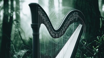 Obraz premium Elegant Celtic Harp Design With Intricate Details Set Against a Serene Dark Green Background