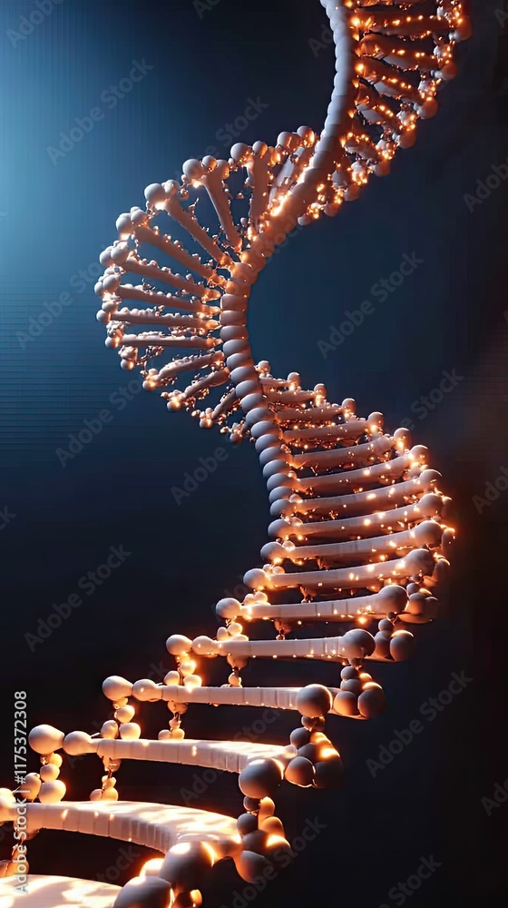 Poster glowing double helix dna strand spiraling in a dark blue backdrop highlighting intricate details
