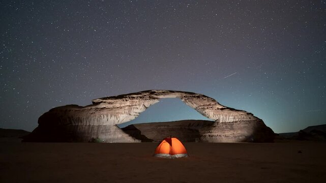 Time lapse of stars motion in rainbow arch night camping tent, with beautiful rock Al ula, Madinah,  Saudi Arabia