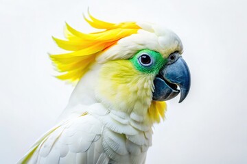 Obraz premium Vibrant yellow and green cockatoo, minimalist style, isolated on white.