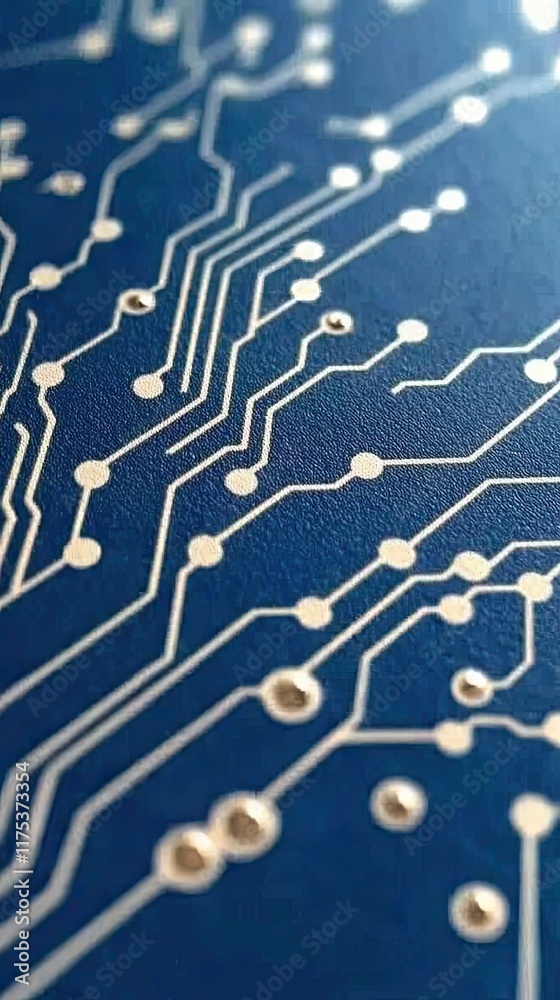 Poster Close up View of a Circuit Board Design Showcasing Intricate Patterns on a Dark Blue Background