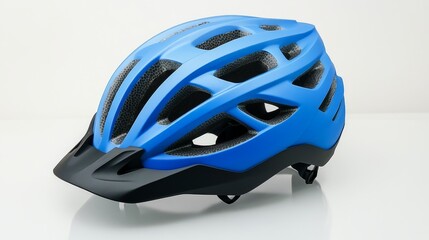 Fototapeta premium Sleek Matte Blue Mountain Bike Helmet with Aerodynamic Ventilation on White Background