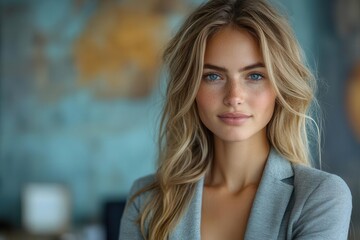 Fototapeta premium confident businesswoman in an office gazing directly at the camera radiating strength and professionalism set against a sophisticated backdrop of contemporary office decor