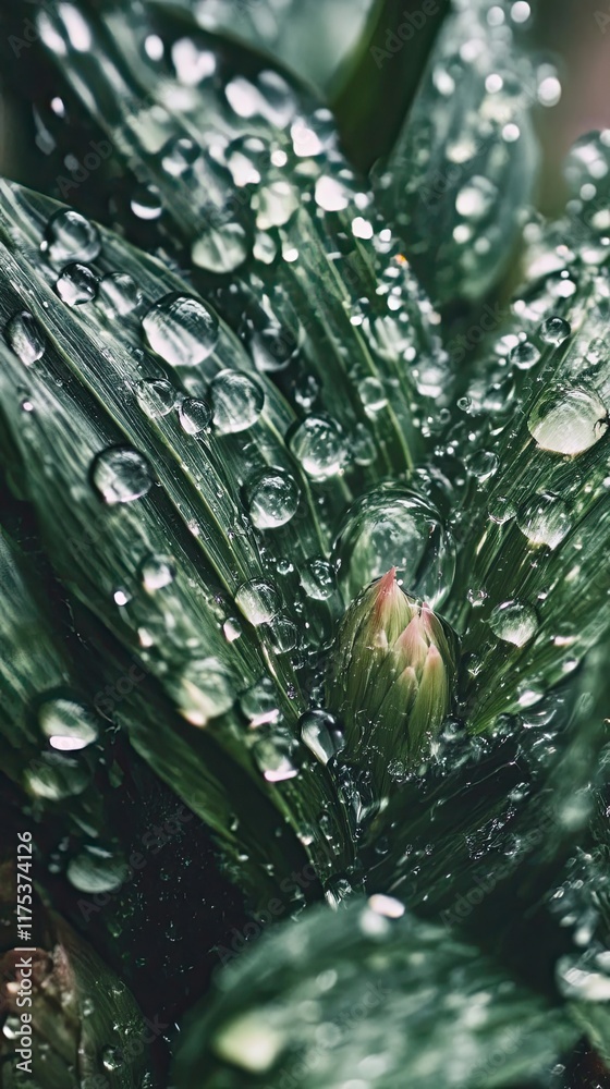 Poster close up view of glistening dew drops on vibrant green leaves in a soft bokeh background