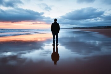 Solitary figure standing on a beach at twilight waves lapping at their feet.