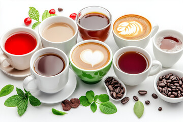 A mix of modern and classic cups filled with hot coffee and tea, isolated on a white background, clipping path included, vibrant tones, sharp details, and full depth of field