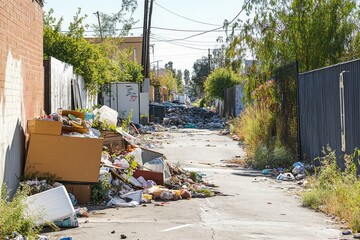 Urban alley filled with illegal dumping with piles of waste creating an unsanitary environment.