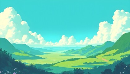 Fototapeta premium Serene Green Valley Landscape: A Vibrant Summer Day in Impressionistic Style