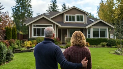A couple looking excited while pointing out features of their dream home